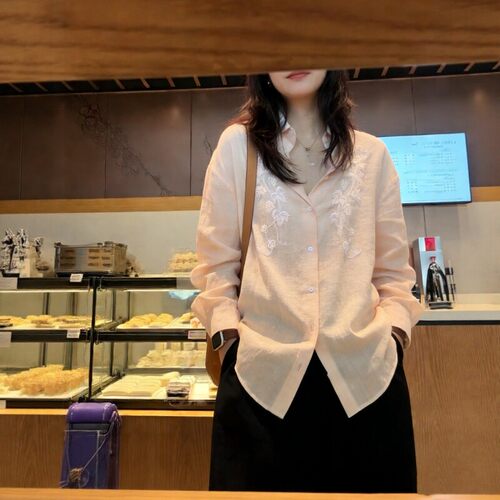 高端设计师款老钱风刺绣防晒衬衫