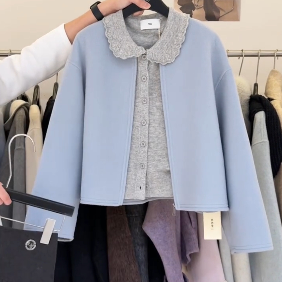 时尚单排扣宽松圆领短款毛呢外套