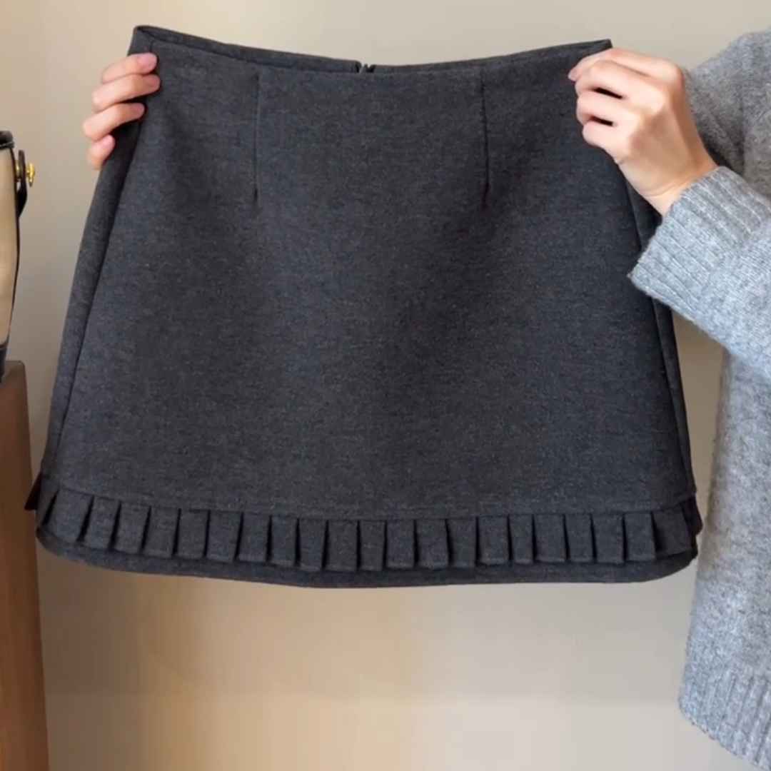 木耳边高级感高腰毛呢a字半身裙