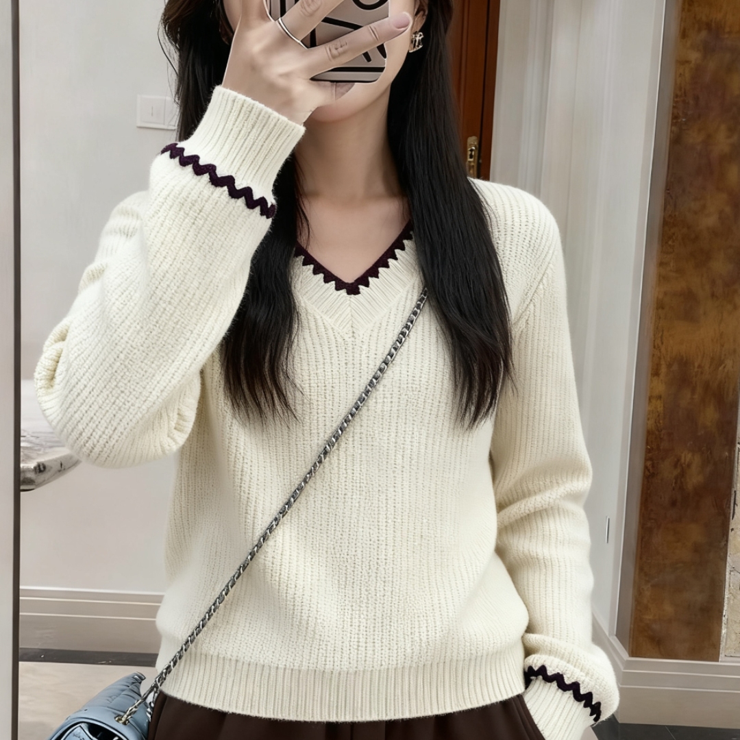美拉德撞色V领软糯套头针织衫女