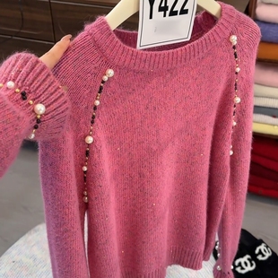 毛衣 穿搭独特时髦遮肉大码 欧货洋气高级感珍珠套头针织衫 韩系时尚