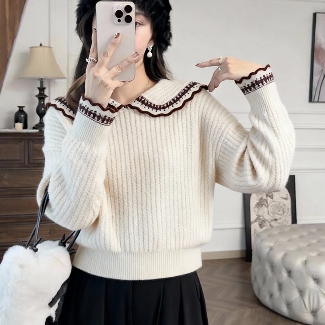 韩系娃娃领杏色毛衣女2025新款冬