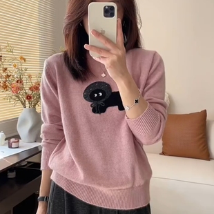 韩系简约时尚 粉色卡通小猫套头毛衣秋冬设计感独特别致显瘦针织衫