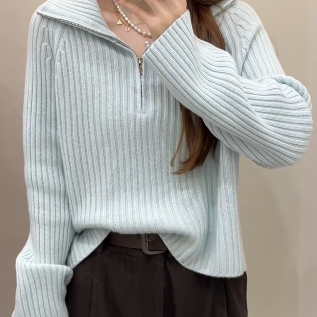 温柔风蓝色翻领拉链针织开衫外套