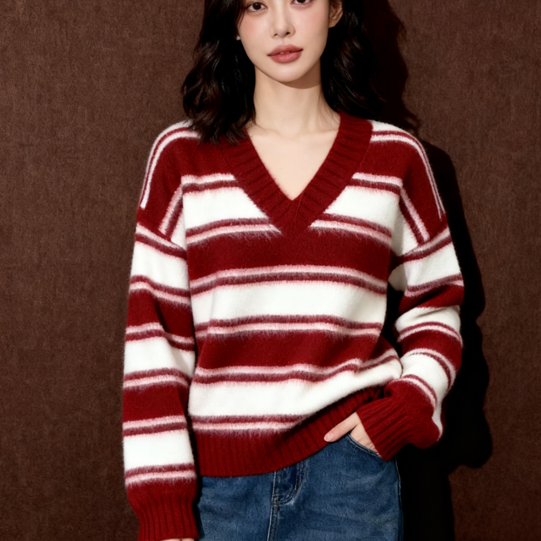 2025冬季复古红色条纹针织毛衣冬