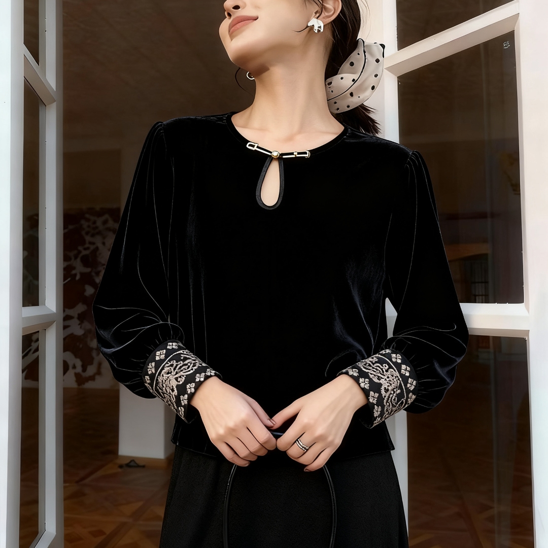新中式国风刺绣黑色长袖上衣女秋