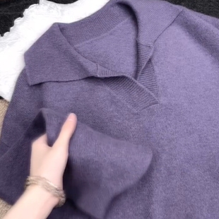 2025新款 胖mm宽松毛衣 秋冬简约复古紫色翻领针织上衣气质软糯大码