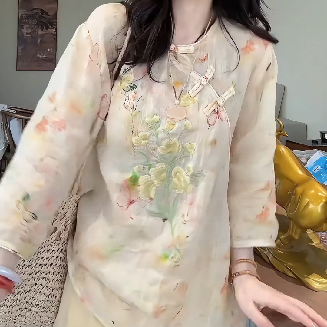 复古民族风轻奢刺绣禅意衬衫女夏