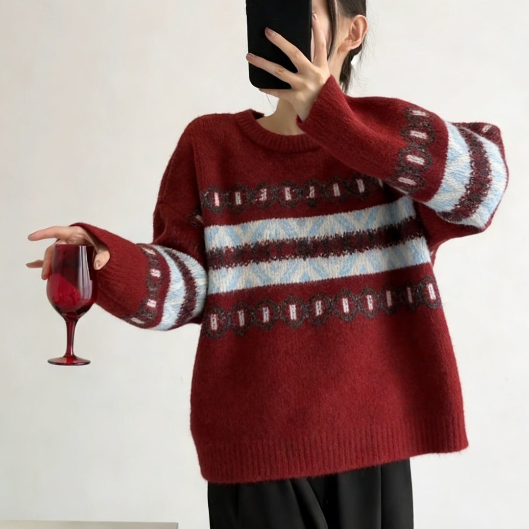 节日氛围感红色费尔岛提花针织毛衣高级感慵懒风宽松显瘦女士上衣,女装/女士精品,大码内搭,淘宝优惠券,粉丝福利购,淘宝优惠卷