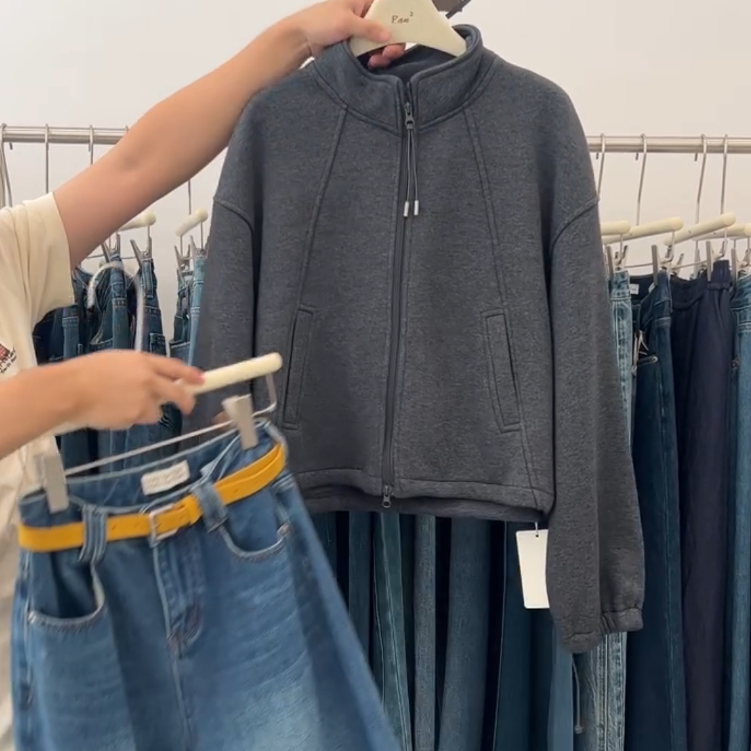 简约加绒加厚拉链宽松灰色外套女