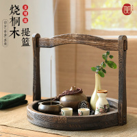 天蘭美中式手提茶道提籃圓食盒托盤水果提籃燒桐木復(fù)古風(fēng)零配件