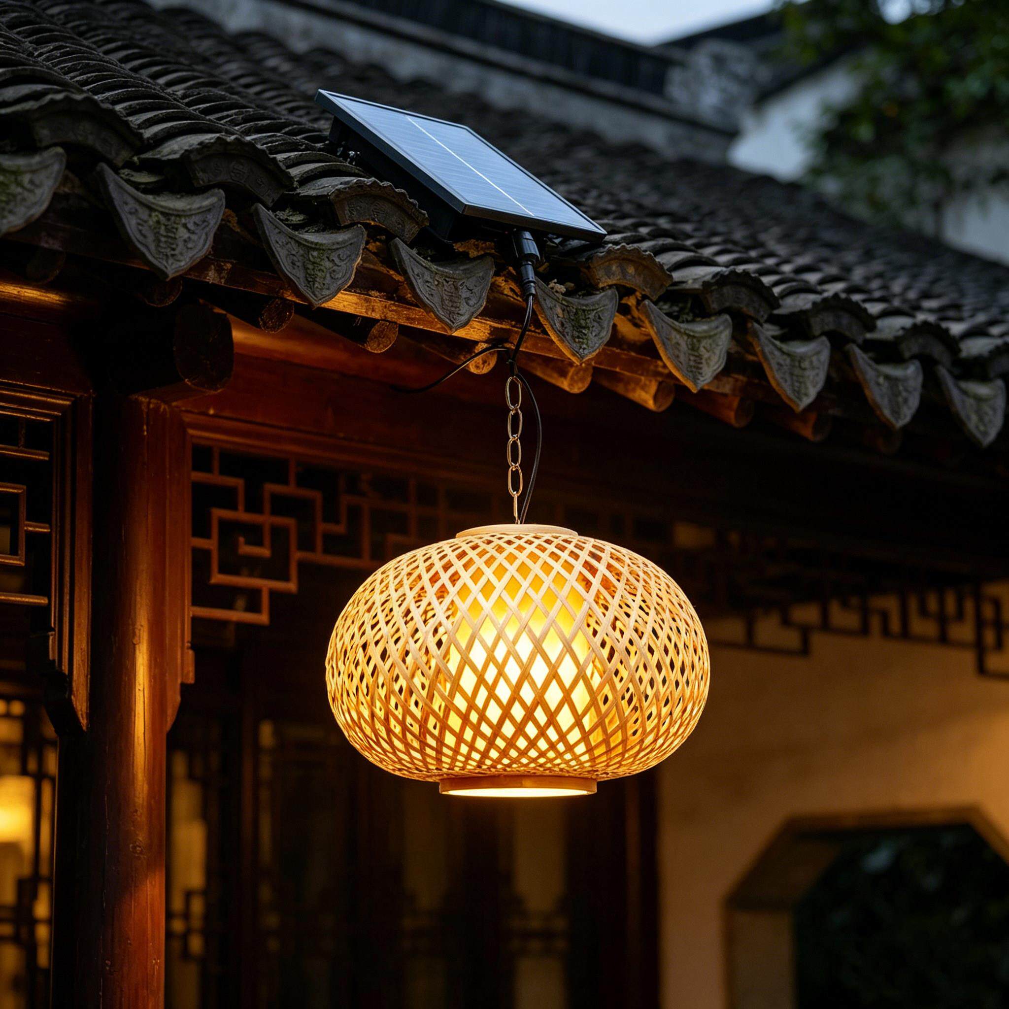 两件式太阳能竹编灯笼小吊灯防水茶楼古镇民宿凉亭庭院灯房檐灯笼