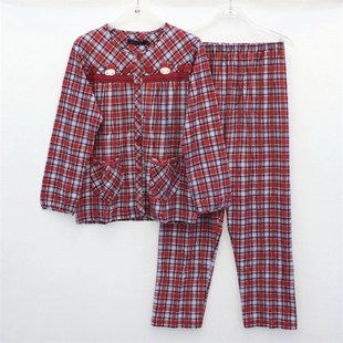 侬媚儿情侣睡衣2020春秋新品 男女士针织单面纯棉格子家居服套装