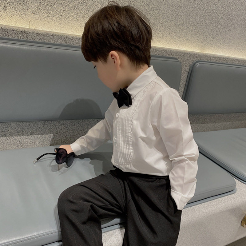 男孩白衬衫加绒男童白色小衬衣礼服儿童领结寸衫带蝴蝶结套装冬季