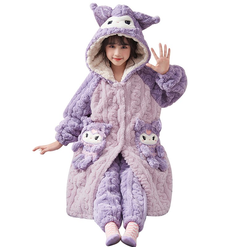 女童睡衣2024新款秋冬季款珊瑚绒加厚儿童女孩法兰绒睡袍浴袍套装