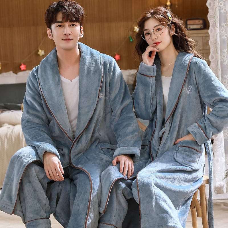 睡袍女冬季珊瑚绒睡衣男情侣浴袍春秋冬款加绒加厚长款法兰绒浴衣