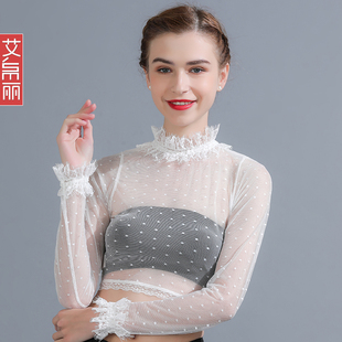 纱衣紧身内搭裙子t恤蕾丝上衣薄款 罩衫 女长袖 黑色半截网纱打底衫