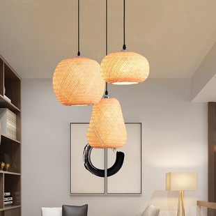 中式复式楼梯吊灯竹编灯茶室灯禅意空间挑高客厅竹艺民宿美容院灯