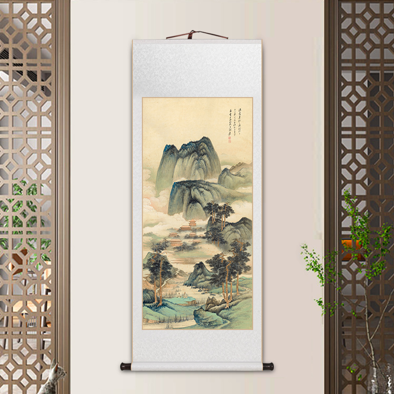 仙山楼阁图青绿山水仿古挂画新中式客厅装饰画书房茶室玄关画画国