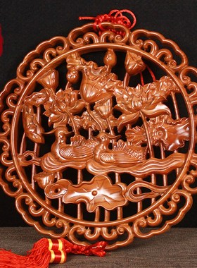 桃木鸳鸯图案卧室挂件一对实木质装饰品婚房结婚床头客厅摆设