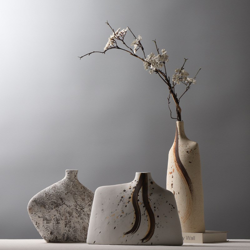 现代创意陶瓷扁瓶 手绘花瓶 样板房插花装饰品博古架软装
