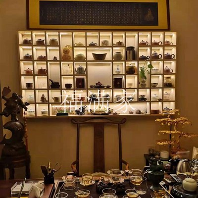 定做带灯a光实木格子架茶壶架展示架壁挂展示柜博古架多宝阁格子