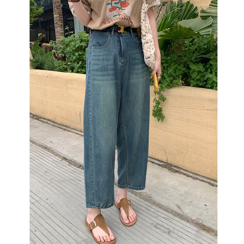大码女装复古直筒牛仔裤胖妹妹mm梨形身材宽松显瘦哈伦九分香蕉裤