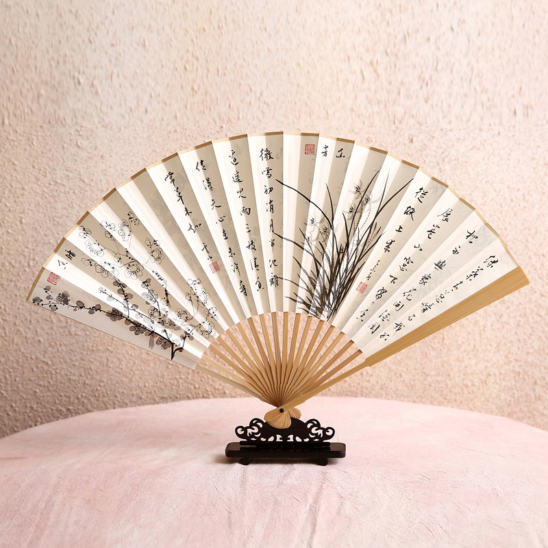 9寸玉竹手绘书法苏工文玩折扇中国风国画工笔花鸟山水礼品纸扇子