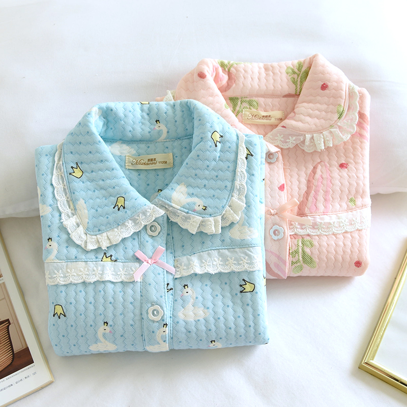 kaka儿童春秋加厚纯棉空气层三层夹棉家居服全棉女童亲子睡衣保暖