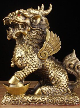 铜麒麟摆件一对财福麒麟母子麒麟家居客厅工艺品店铺开业礼品