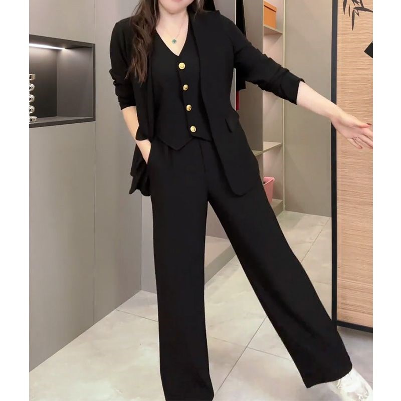 时尚大码显瘦套装女2024秋新款胖mm长袖马甲小西服上衣长裤两件套