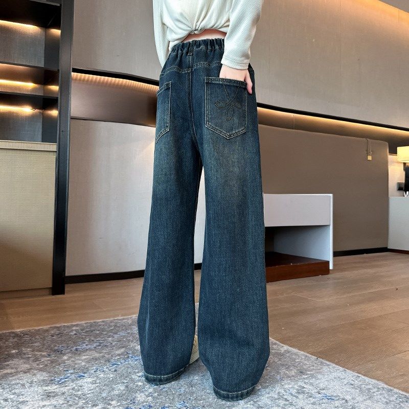 女童加绒裤子秋冬2024新款冬装女孩冬季加厚窄版阔腿裤儿童牛仔裤