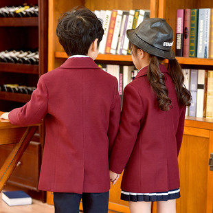 班服外套秋冬季英伦风毛呢子大衣儿童装幼儿园园服小学生校服套装