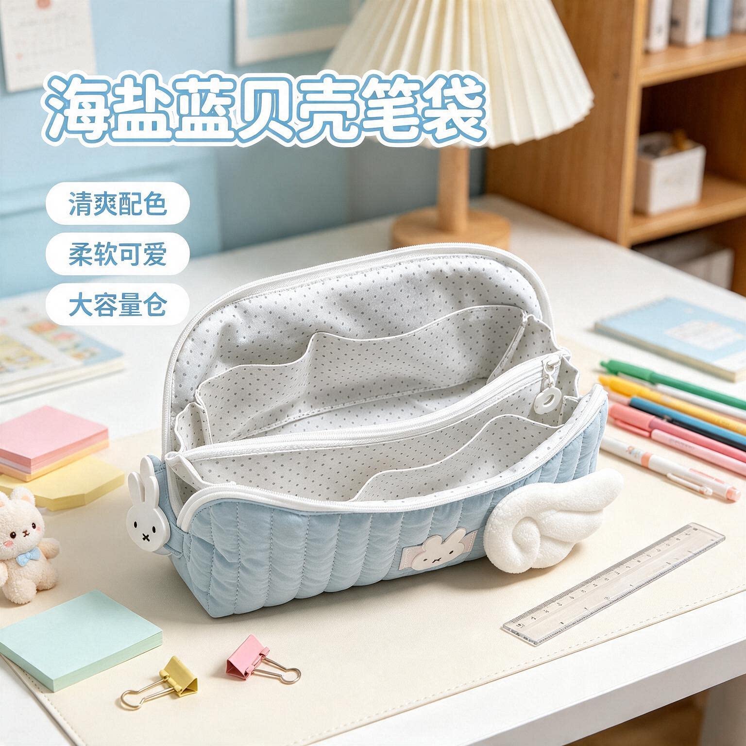 软呼呼可爱简约蓝色贝壳笔袋立体高颜值少女心开学生文具盒收纳袋