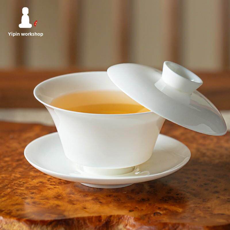 悬停三彩盖碗单款高端潮州超薄骨瓷功夫茶套装非热大容量茶碗