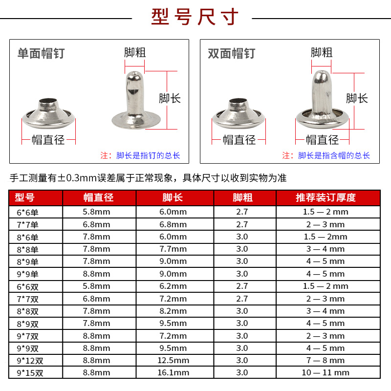 单双面铆钉帽钉diy平面撞钉材料鞋包衣饰金属铁银色服装辅料配件