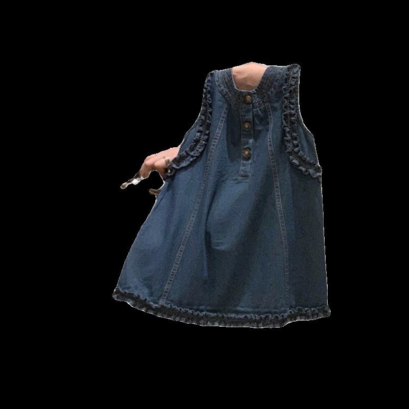 女童牛仔背心裙女宝宝木耳花边长裙夏季无袖裙子薄款度假风连衣裙