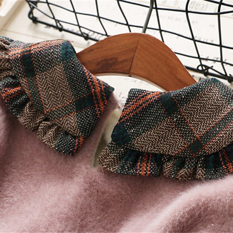 送帽子宝宝女童秋款冬装毛毛卫衣加绒厚格子短裙百褶裙学院风套装