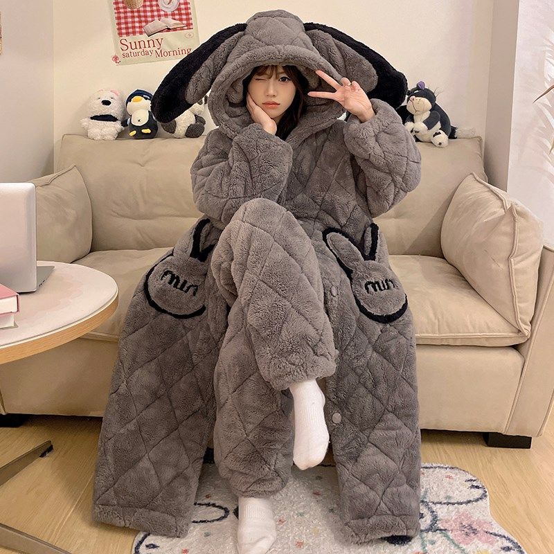 珊瑚绒睡衣女春秋冬季三层加厚夹棉睡袍可爱法兰绒大码家居服套装
