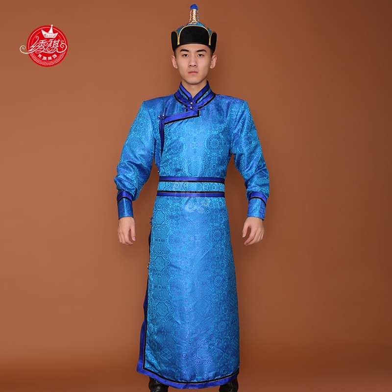 新品蒙古袍男缎面长款蒙古族服装少数民族服装演出舞蹈日常生活服