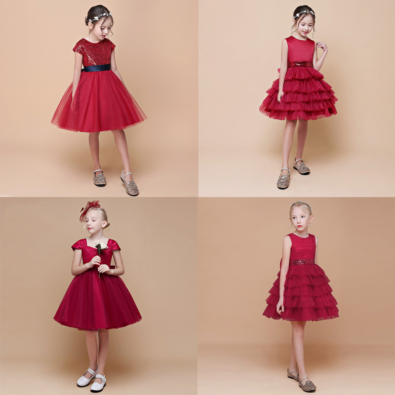 女童礼服酒红色歌唱比赛演出服中大童生日公主裙年会儿童主持礼服