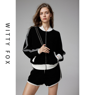 WITTYFOX秀款针织割绒工艺夹克式开衫外套半裙/短裤运动套装