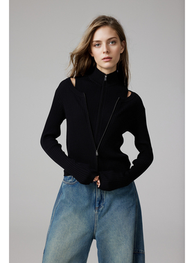 WITTYFOX时髦百搭chao弹凉感丝光棉修身显瘦长袖针织拉链开衫背心