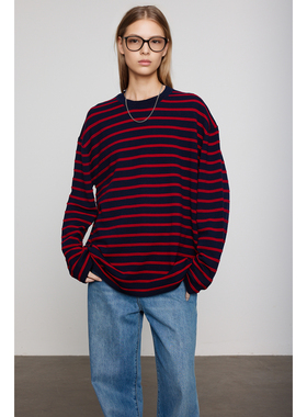 WITTYFOX高阶时髦德国扬子羊毛M1u风复古条纹长袖针织打底衫开衫