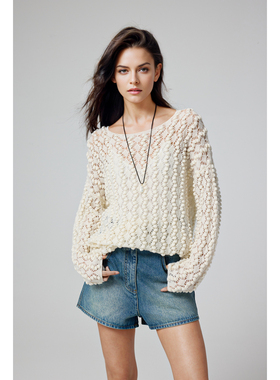 WITTYFOX时髦松弛BC风立体编织镂空100%羊毛针织衫宽松廓形厚毛衣