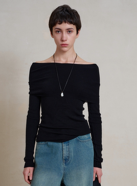 WITTYFOX可水洗纯羊毛打底衫大翻领一字肩针织衫女高级感修身显瘦