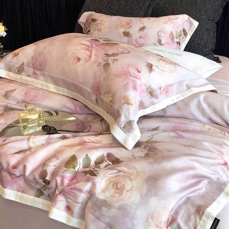 1少女心天丝棉四件套田园花卉印花宽边被套床单1.8m1.5米床上用品