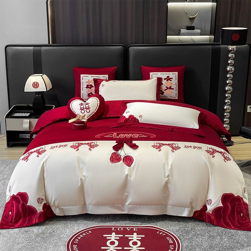 婚庆四件组大红色新结婚房嫁全棉纯棉床上用品婚房送礼喜被罩床品