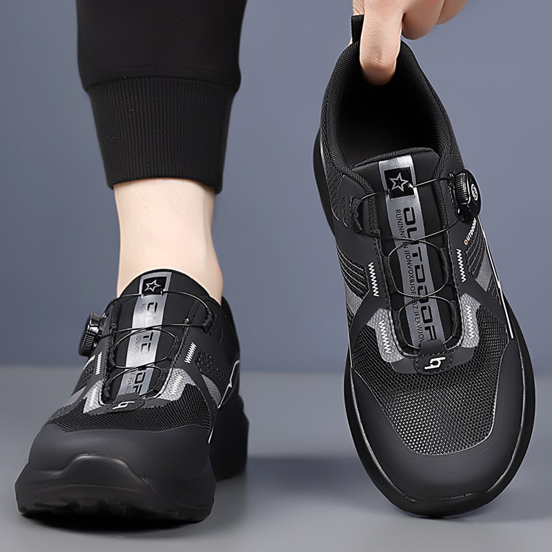 免系带网鞋男款夏季透气薄款黑色运动休闲鞋旋转纽扣单网面旅游鞋