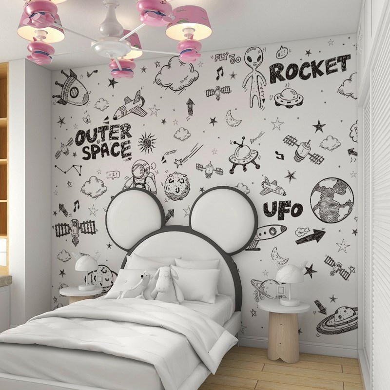 儿童房间墙布黑白简约壁画墙壁贴纸男孩主题壁布涂鸦墙纸太空壁纸